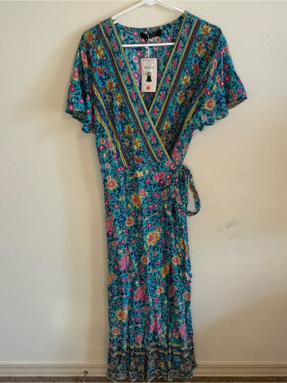 Teal Floral Wrap Maxi Dress with Tie Waist